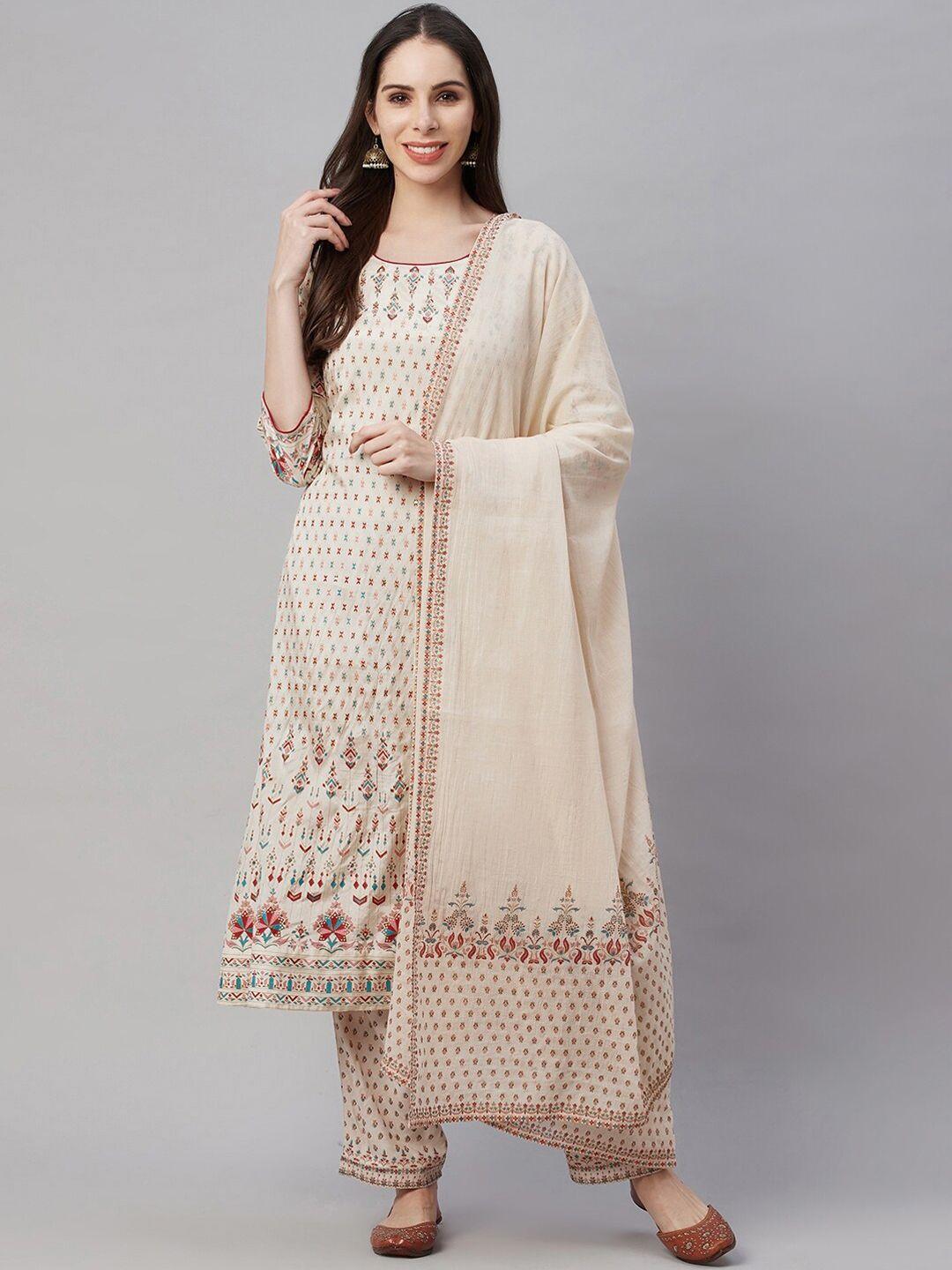 amiras indian ethnic wear women beige printed regular sequinned kurta with trousers & with dupatta