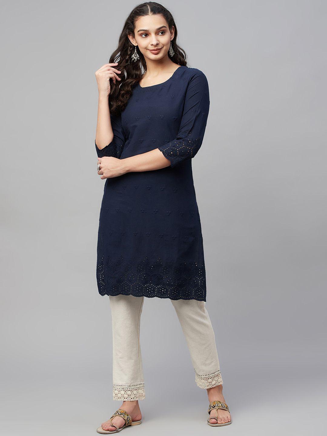 amiras indian ethnic wear women blue ethnic motifs embroidered pure cotton kurta with trousers