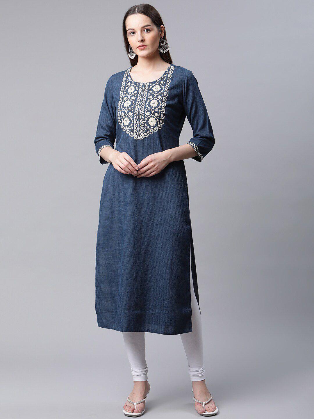 amiras indian ethnic wear women blue floral embroidered regular thread work pure cotton kurta