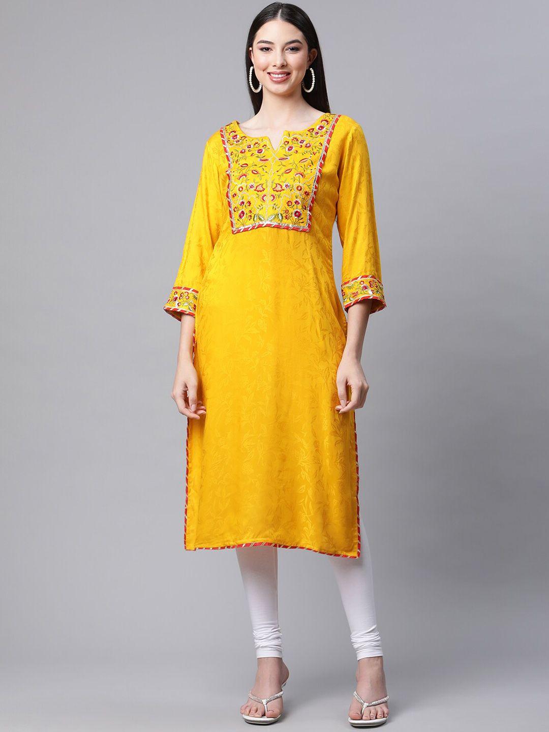 amiras indian ethnic wear women mustard yellow floral embroidered regular thread work pure silk kurta