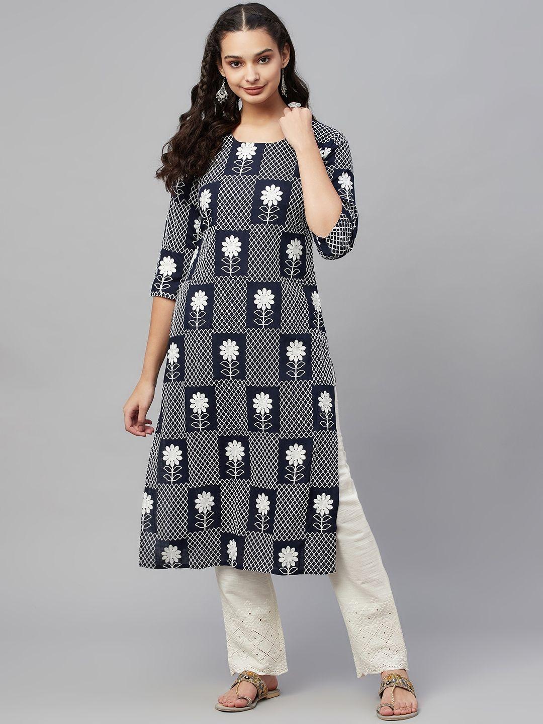 amiras indian ethnic wear women navy blue ethnic motifs embroidered kurta with trousers