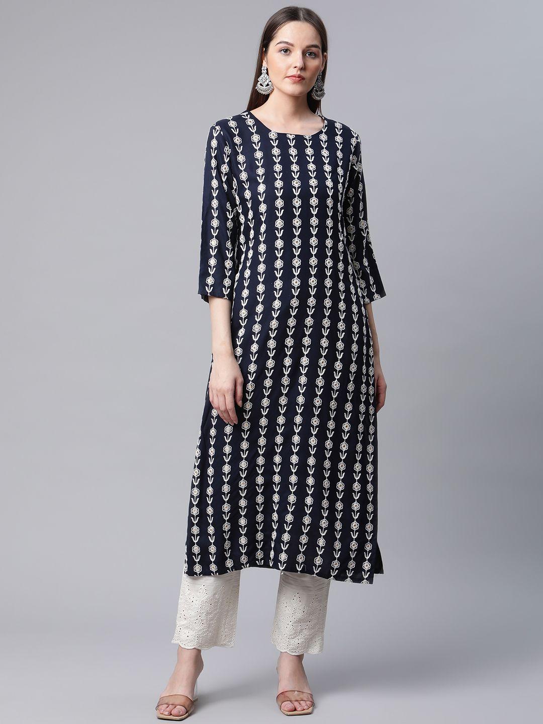 amiras indian ethnic wear women navy blue floral kurta with palazzos