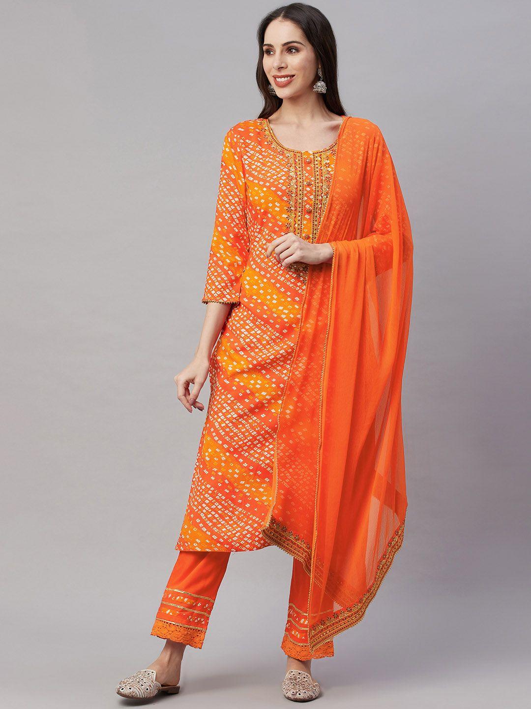 amiras indian ethnic wear women orange bandhani printed kurta with trousers & with dupatta