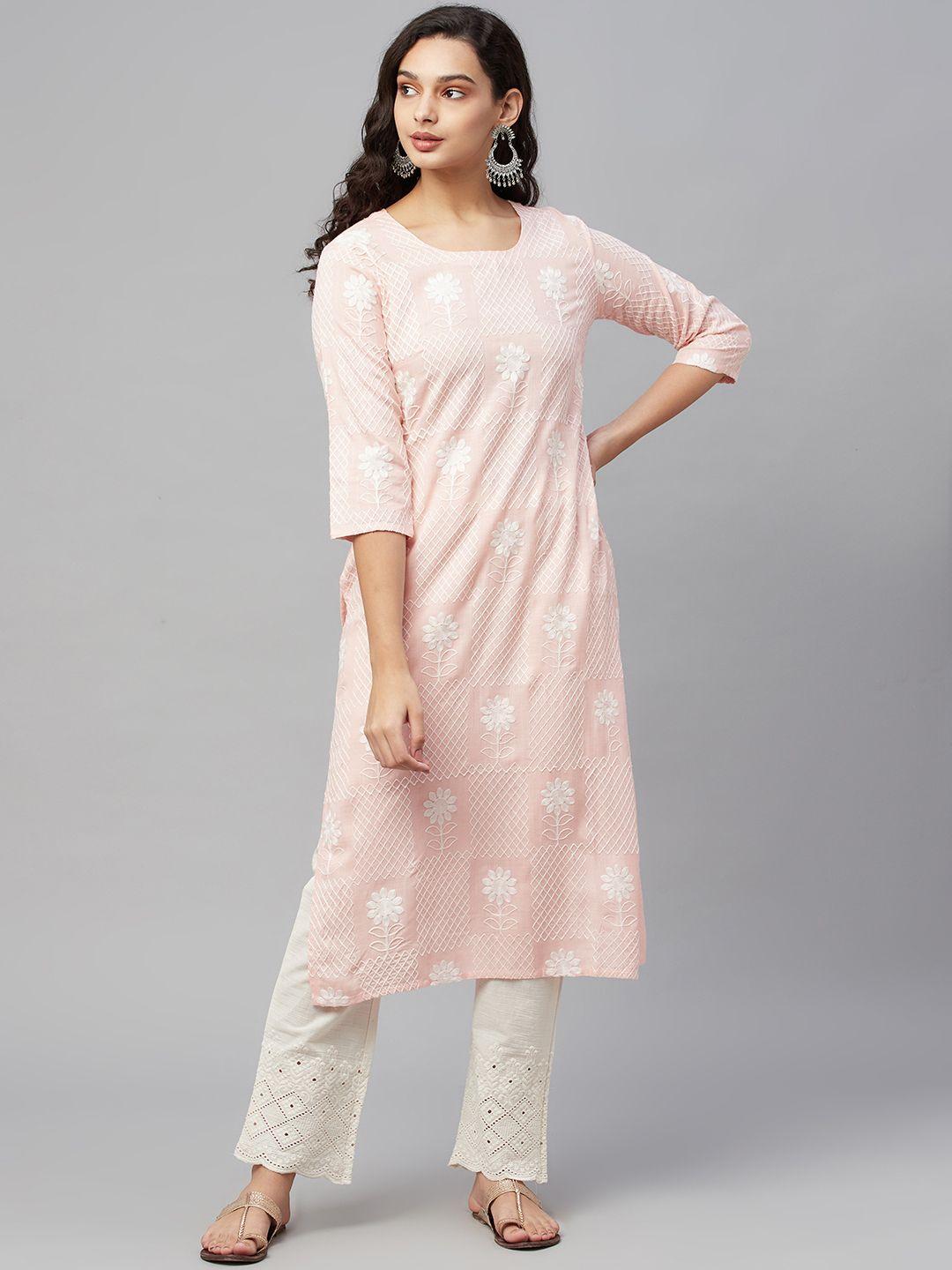 amiras indian ethnic wear women pink ethnic motifs embroidered kurta with trousers