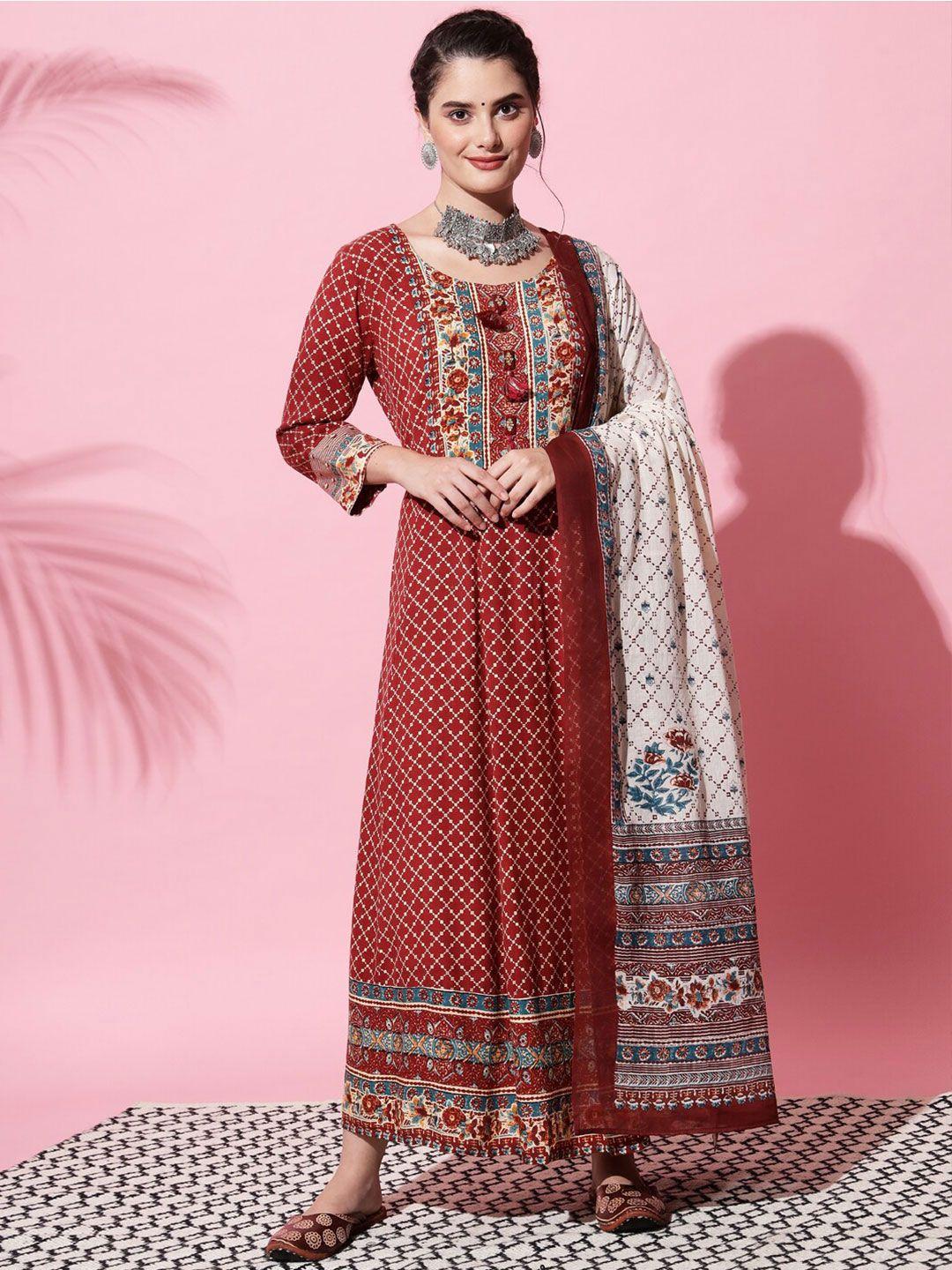 amiras indian ethnic wear women printed maxi cotton ethnic dress with dupatta