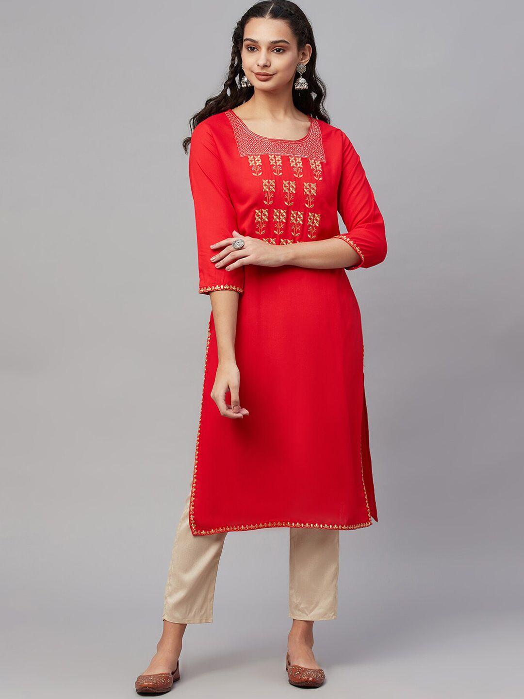 amiras indian ethnic wear women red yoke design thread work kurta