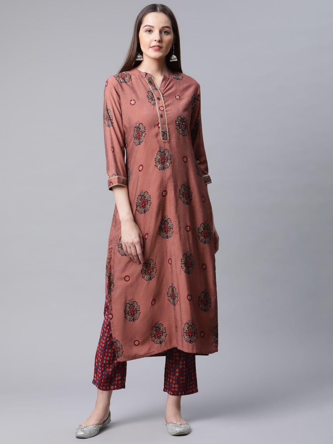 amiras indian ethnic wear women rust ethnic motifs printed gotta patti pure silk kurta with trousers