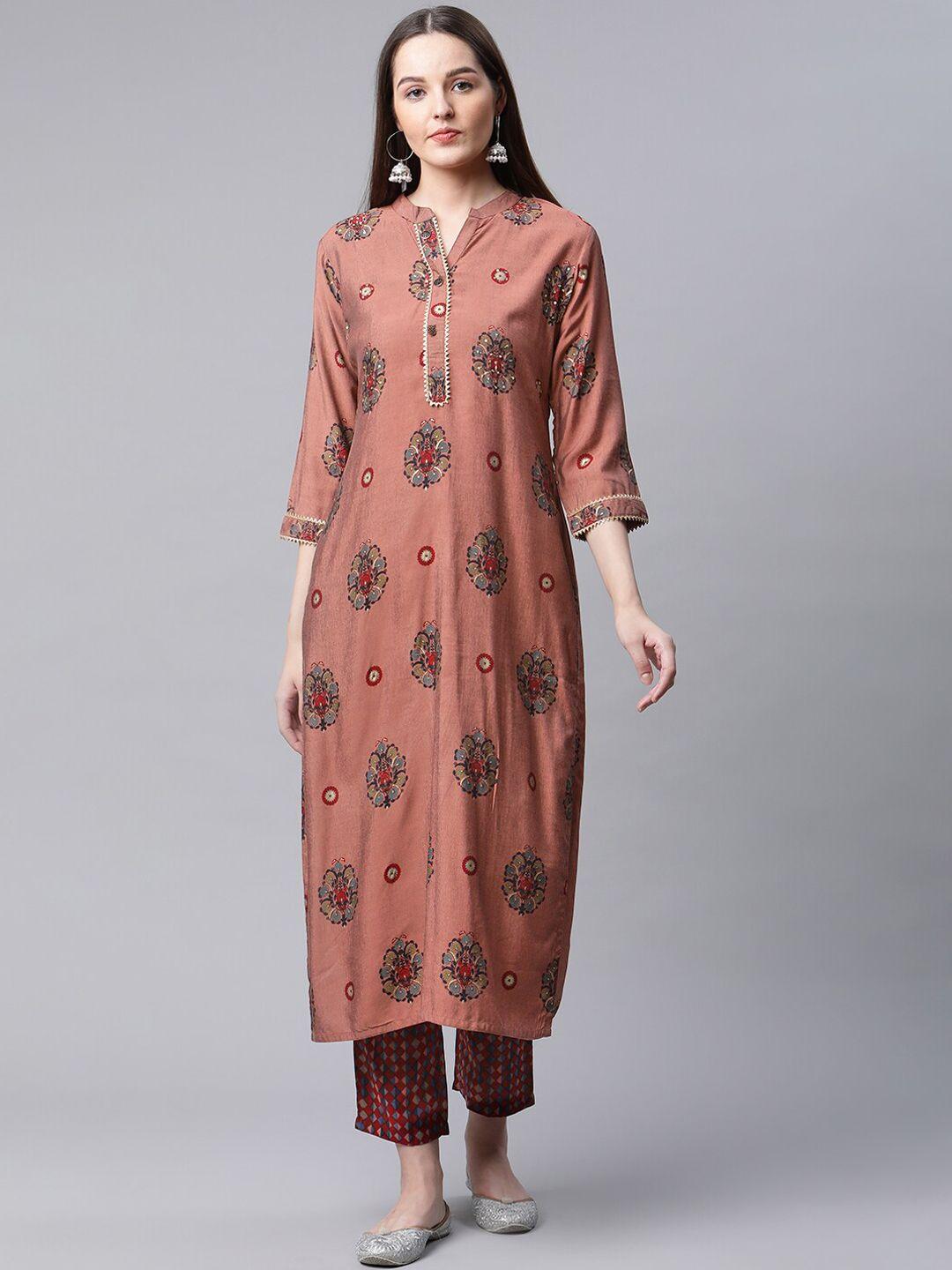 amiras indian ethnic wear women rust ethnic motifs printed regular linen kurta with trousers