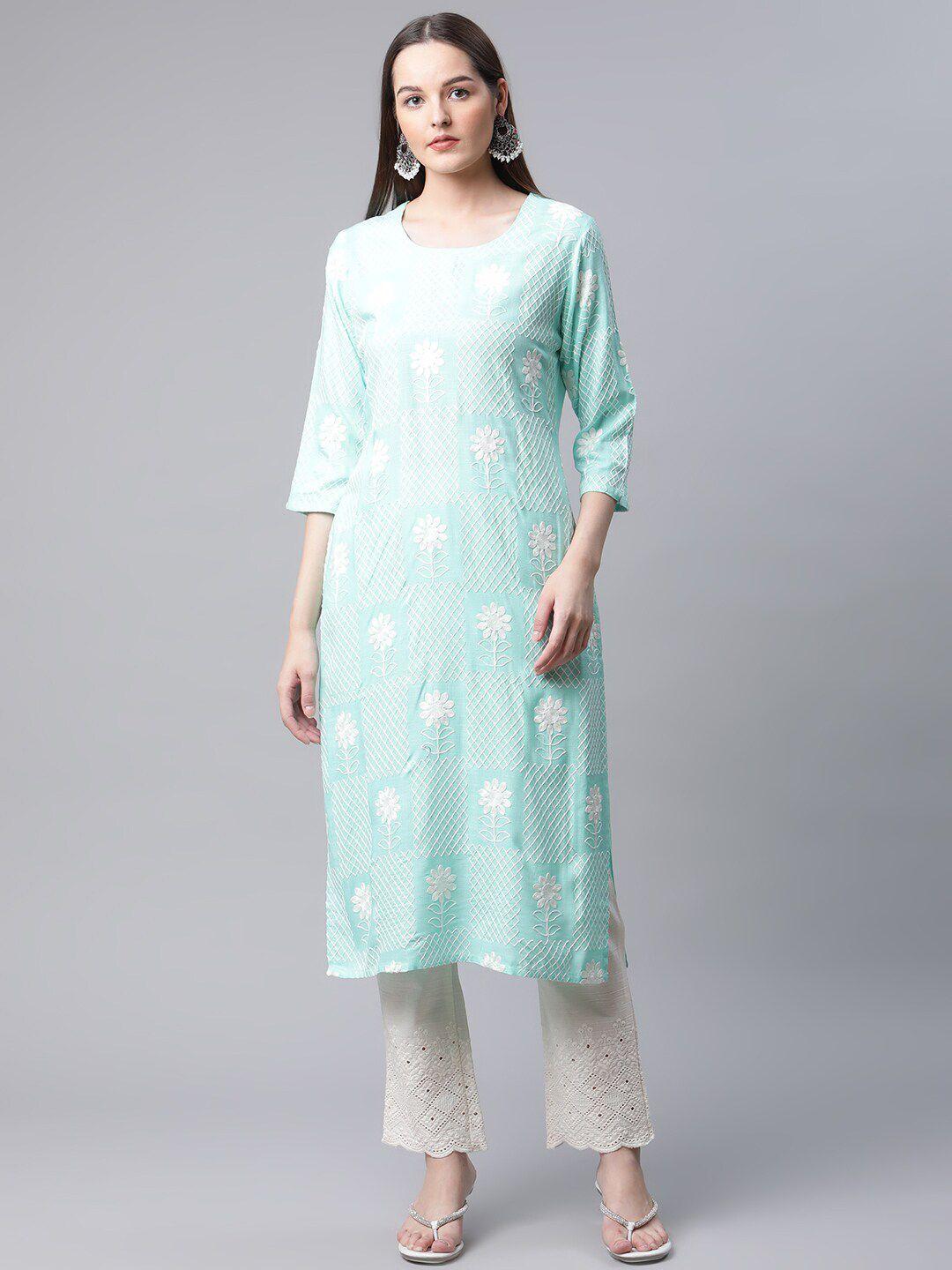 amiras indian ethnic wear women sea green floral embroidered regular kurta with trousers