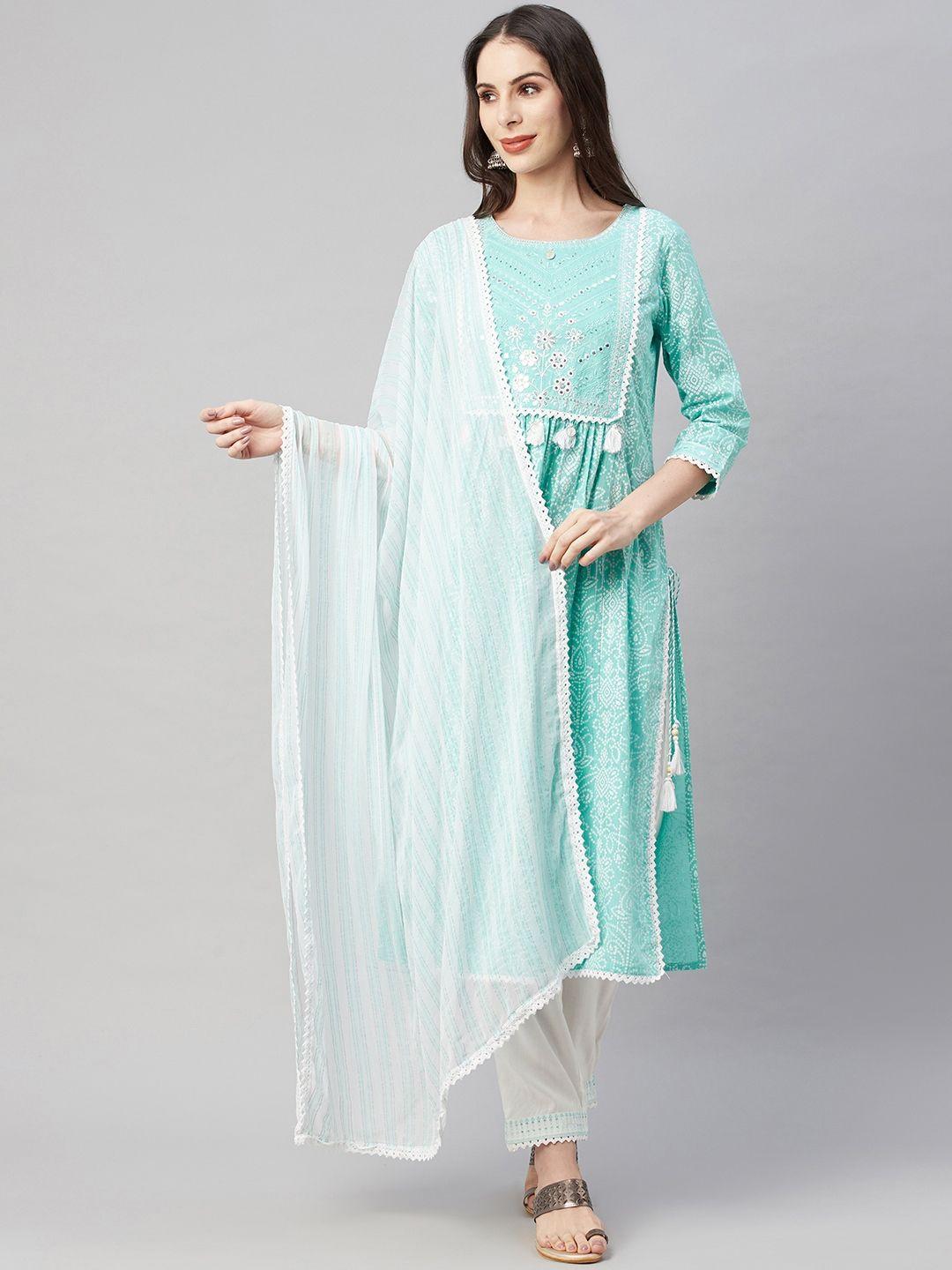 amiras indian ethnic wear women turquoise blue floral cotton kurta with trousers & dupatta