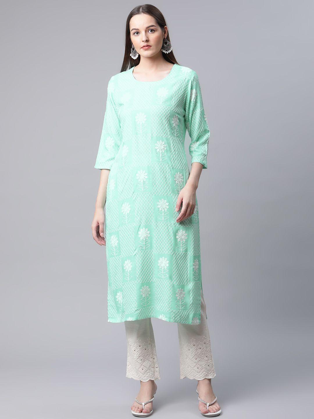 amiras indian ethnic wear women turquoise blue floral kurta with trousers