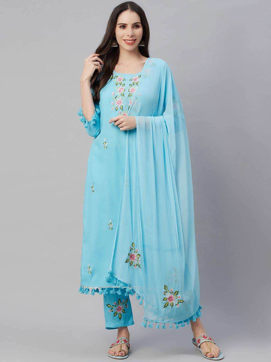 amiras indian ethnic wear women turquoise blue floral yoke design kurta with trousers & with dupatta