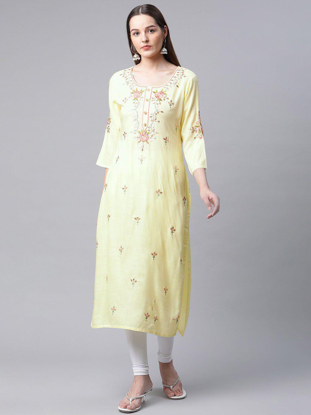 amiras indian ethnic wear women yellow ethnic motifs embroidered regular thread work kurta