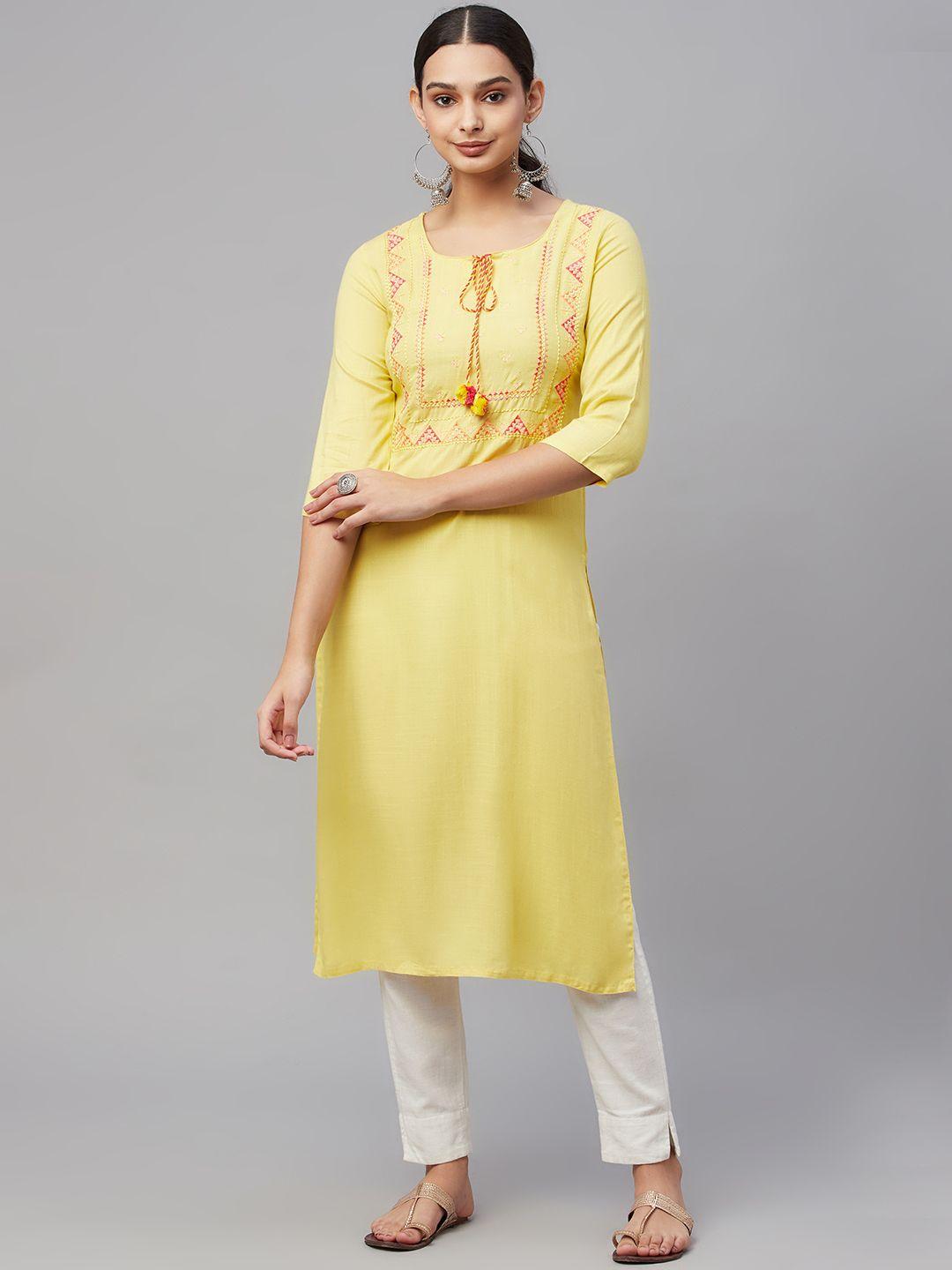 amiras indian ethnic wear women yellow ethnic motifs yoke design kurta
