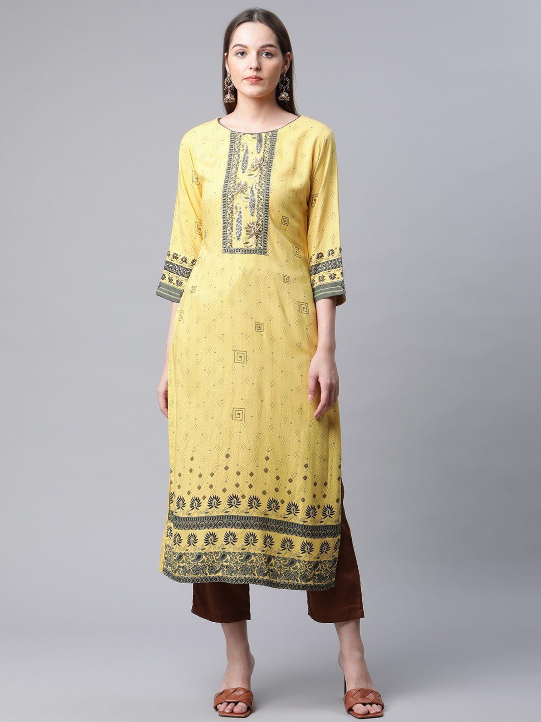 amiras indian ethnic wear women yellow floral yoke design kurta with trousers