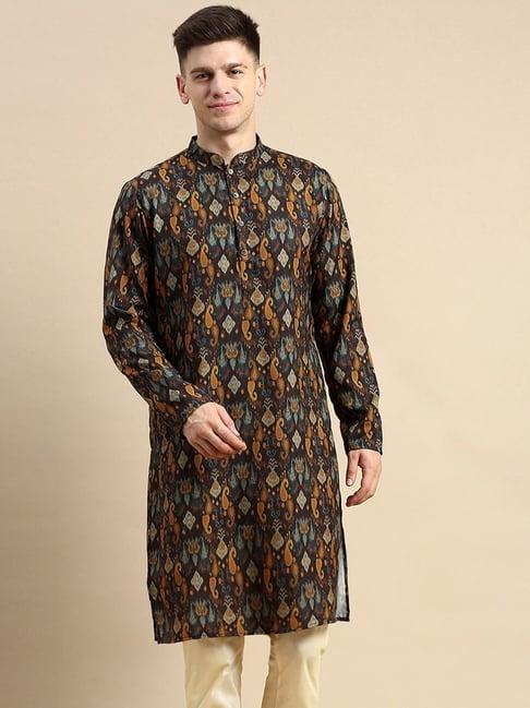 amodh by kisah brown cotton regular fit printed kurta