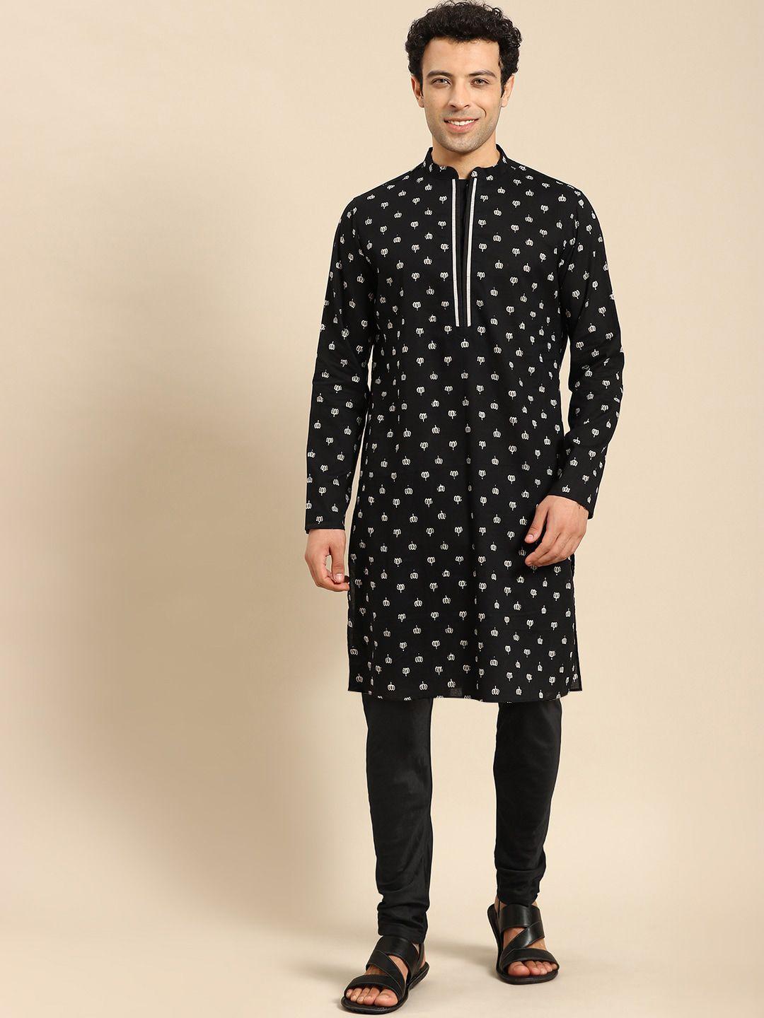 amodh by kisah men black floral printed kurta with churidar