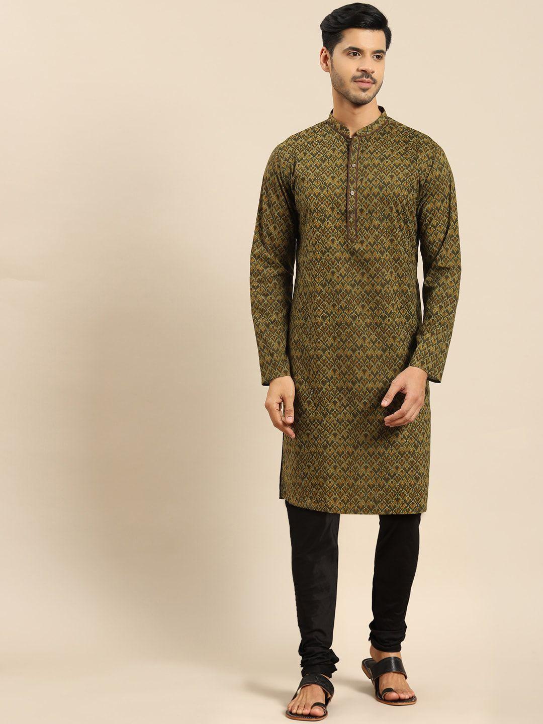 amodh by kisah men olive green ethnic motifs printed kurta with churidar