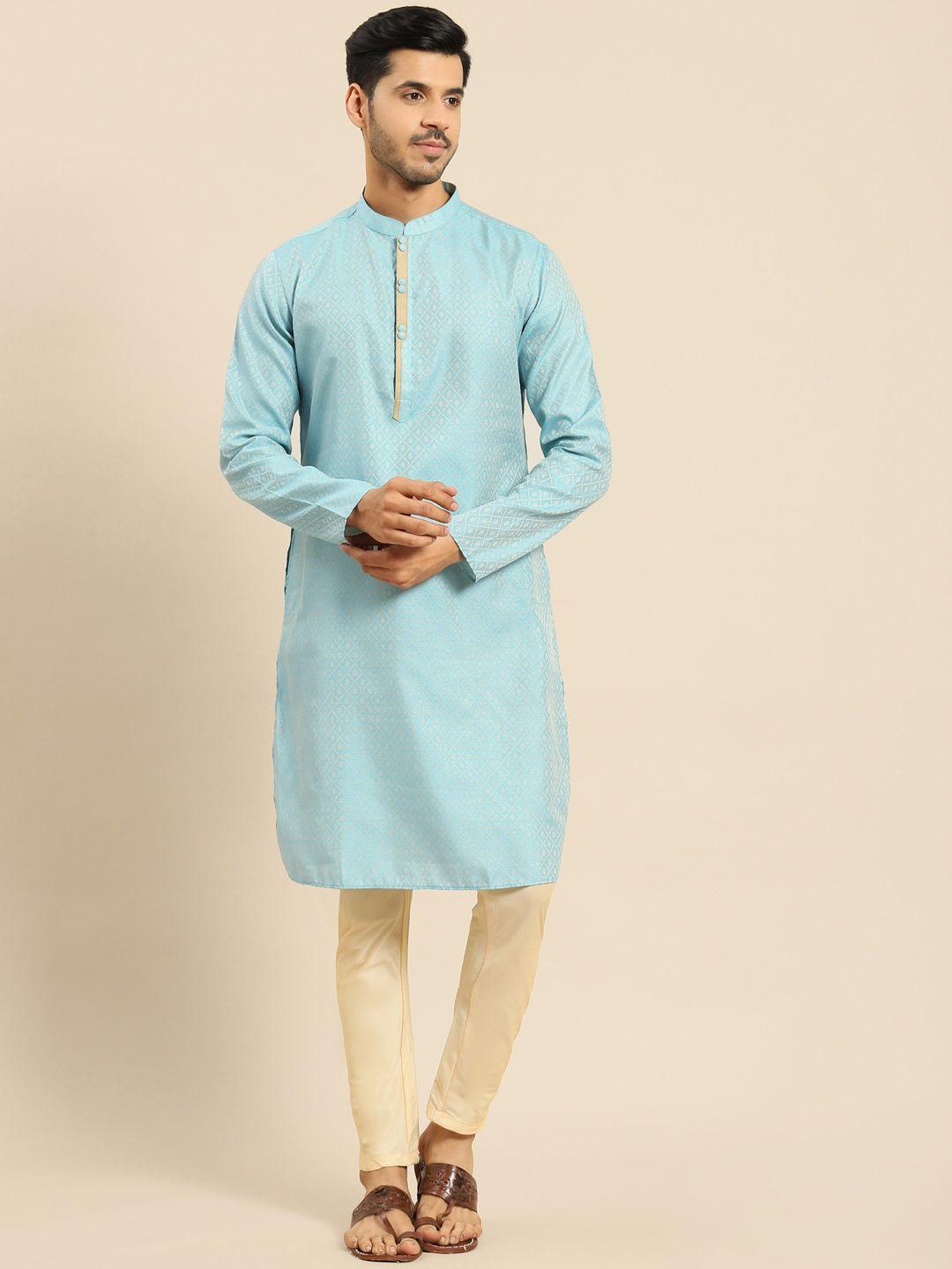 amodh by kisah men turquoise blue jacquard kurta