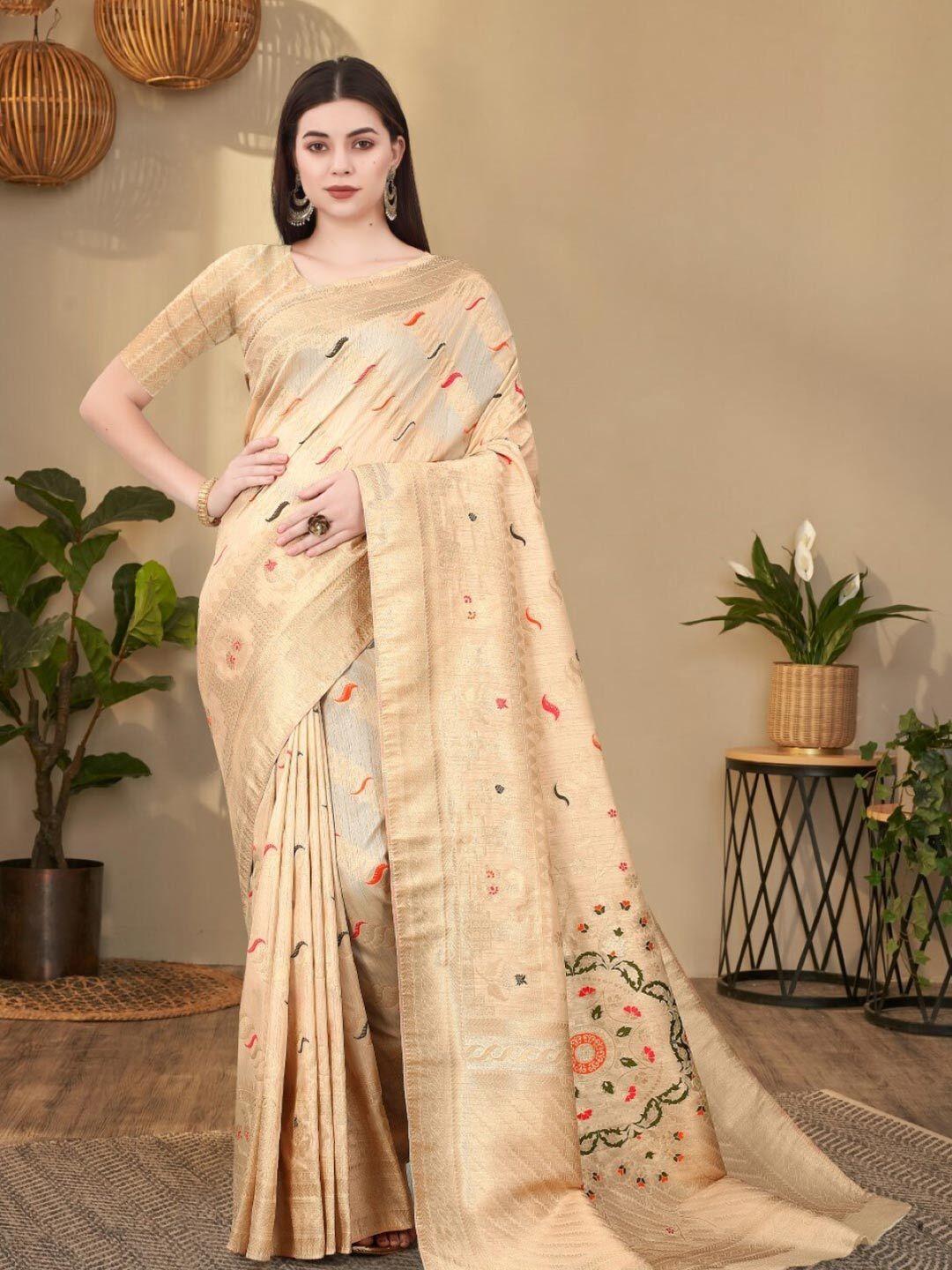 amoha silk ethnic motifs printed woven design zari pure silk tussar saree