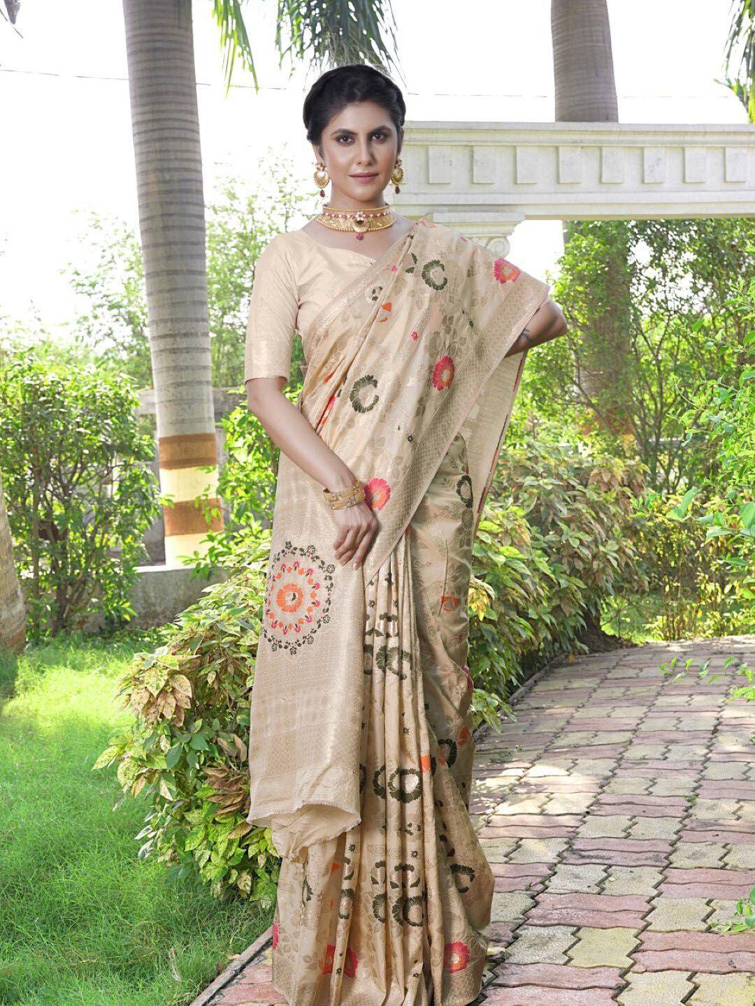 amoha silk ethnic motifs printed woven design zari pure silk tussar saree