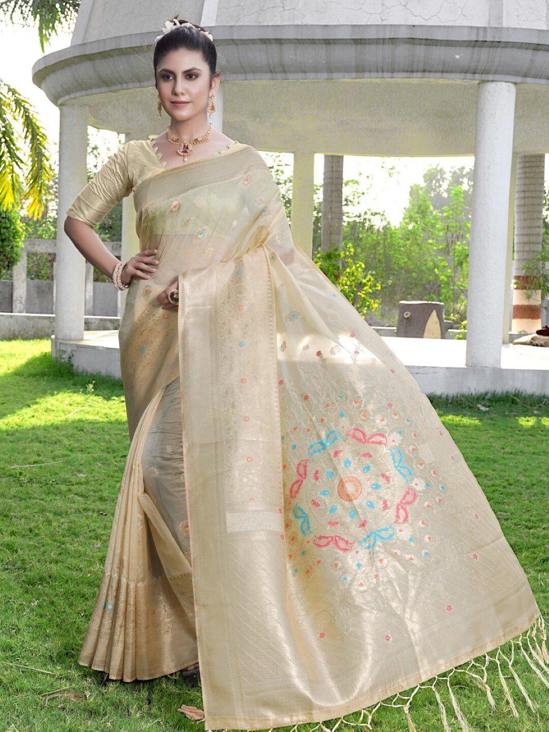 amoha silk ethnic motifs woven design zari pure silk tussar saree