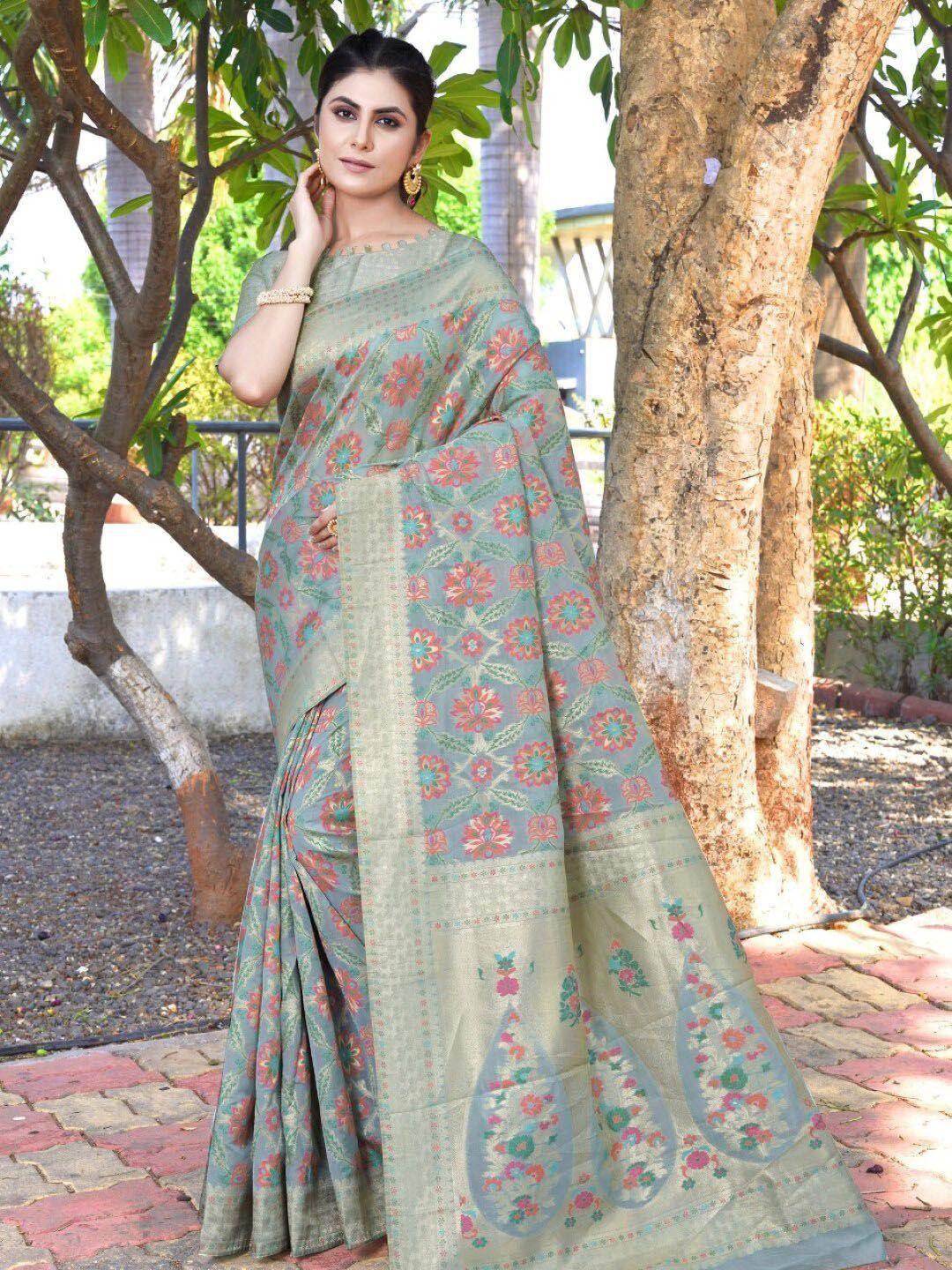 amoha silk floral printed woven design zari pure silk tussar saree