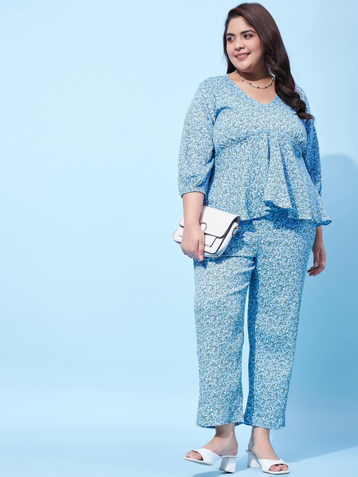 ample plus size blue floral printed peplum top with trouser (set of 2)