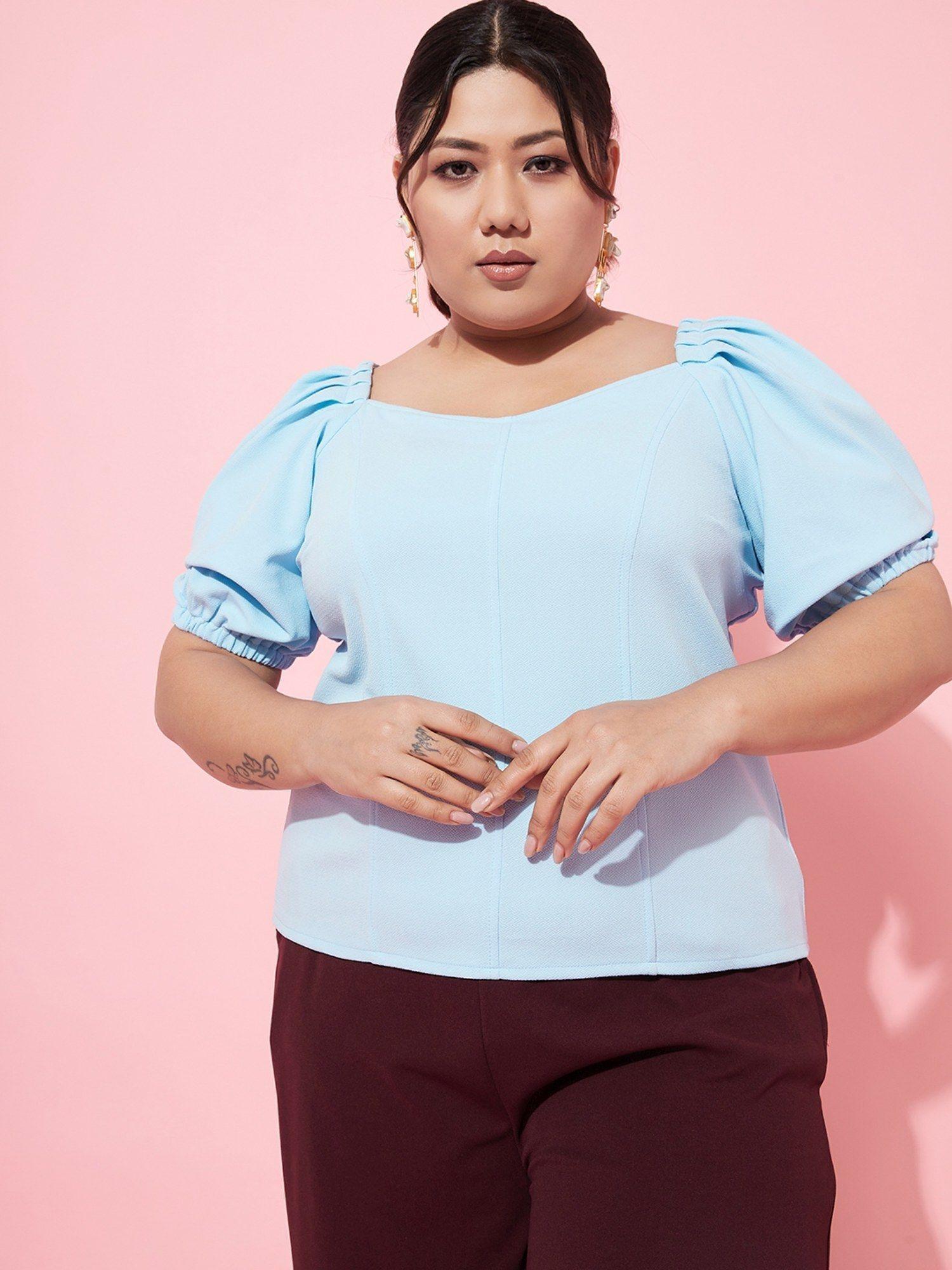 ample plus size sweetheart neck puff sleeves blue casual top