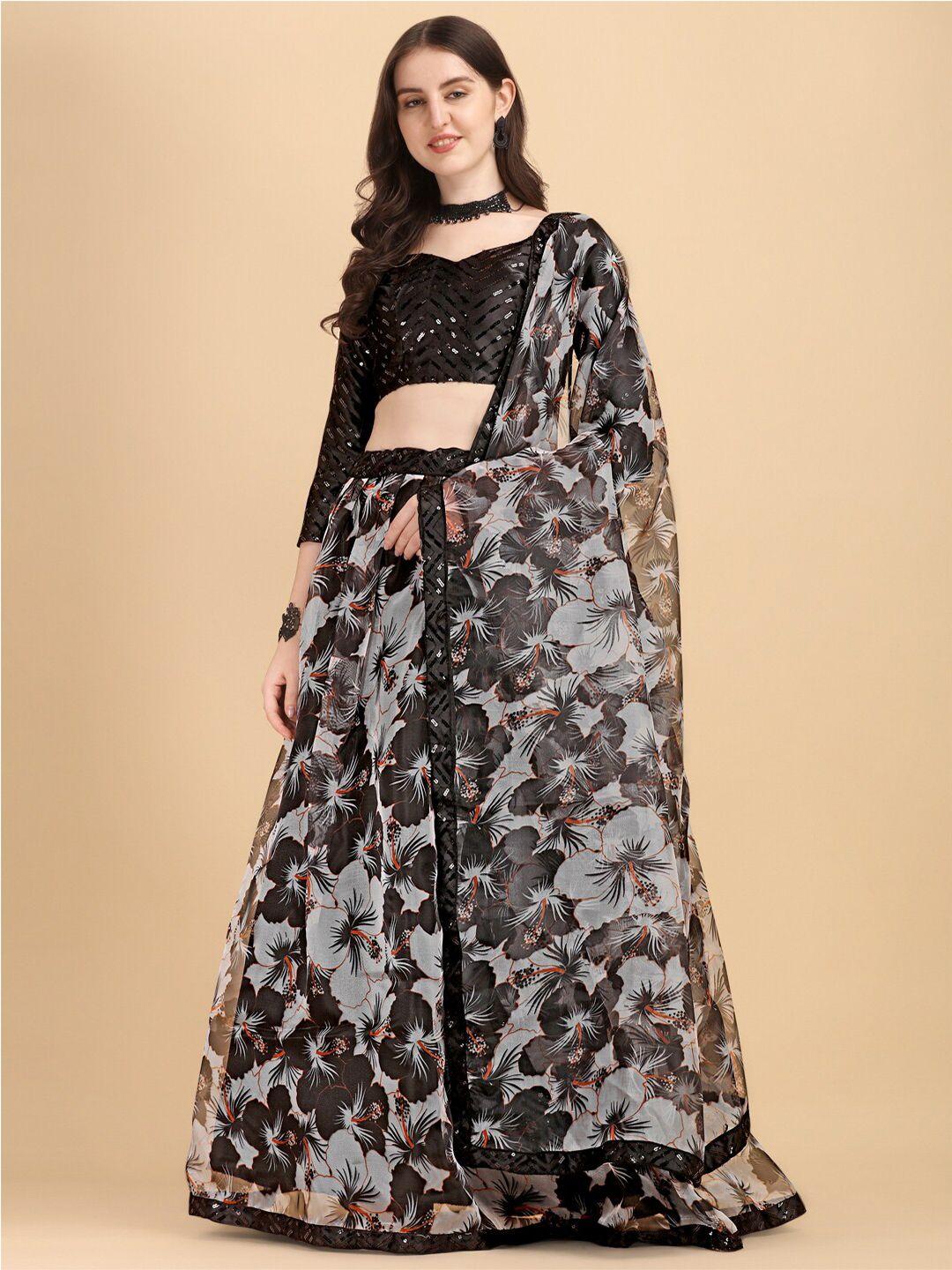 amrutam fab black embroidered sequinned semi-stitched lehenga & unstitched blouse with dupatta
