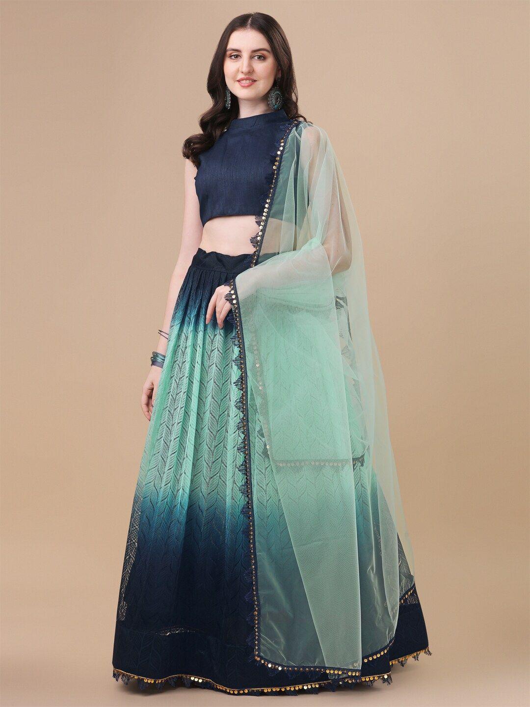 amrutam fab blue & green semi-stitched lehenga & unstitched blouse with dupatta