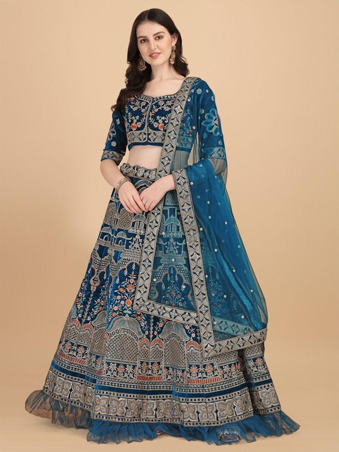 amrutam fab blue & silver-toned semi-stitched lehenga & unstitched blouse with dupatta