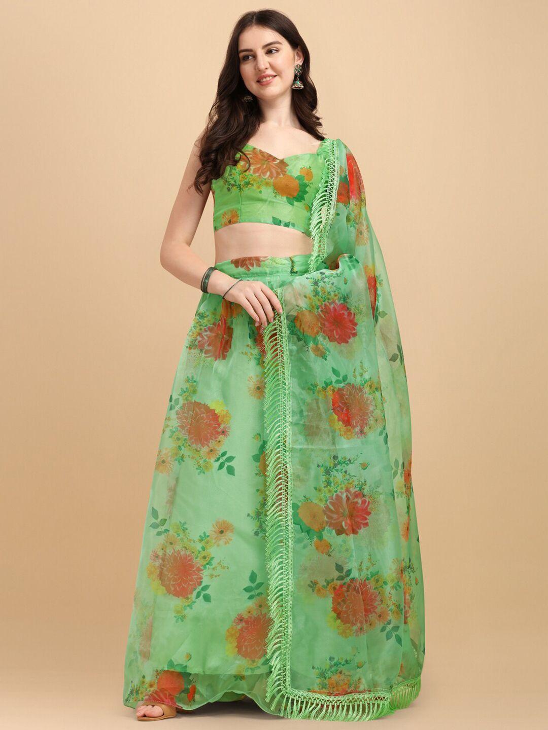 amrutam fab organza green printed semi-stitched lehenga & unstitched blouse with dupatta