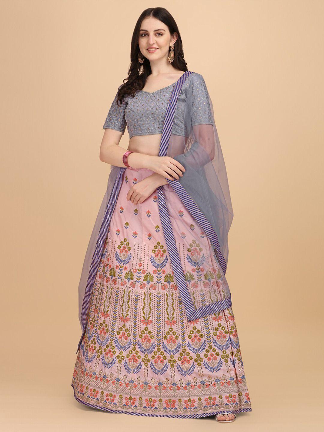 amrutam fab peach-coloured & purple embroidered thread work semi-stitched lehenga & unstitched blouse with
