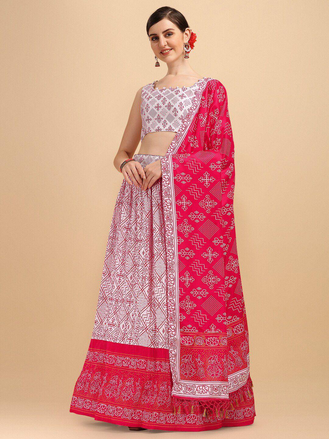 amrutam fab white & pink printed semi-stitched lehenga & unstitched blouse with dupatta