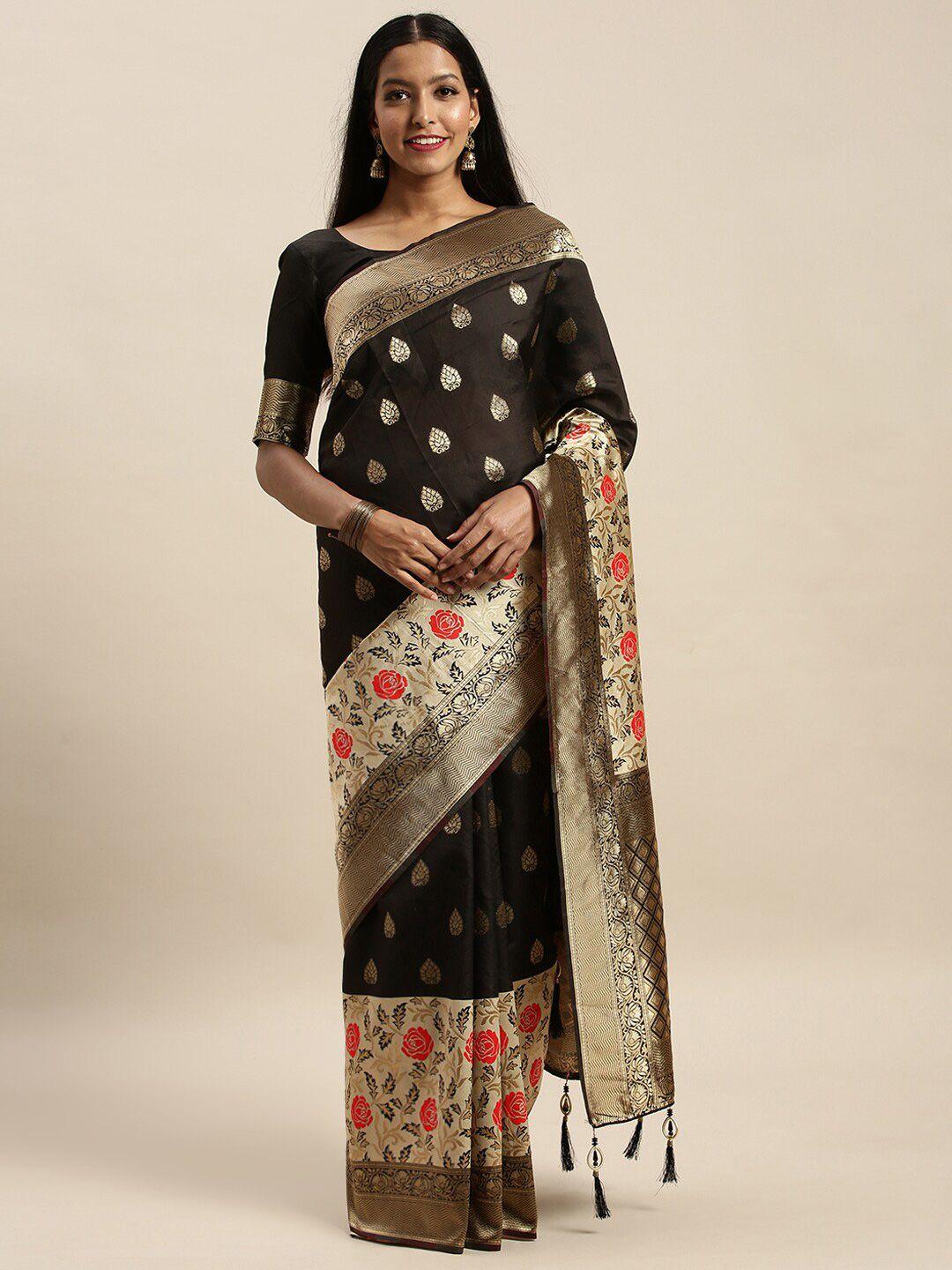 amrutam fab black & gold-toned woven design zari silk blend banarasi saree