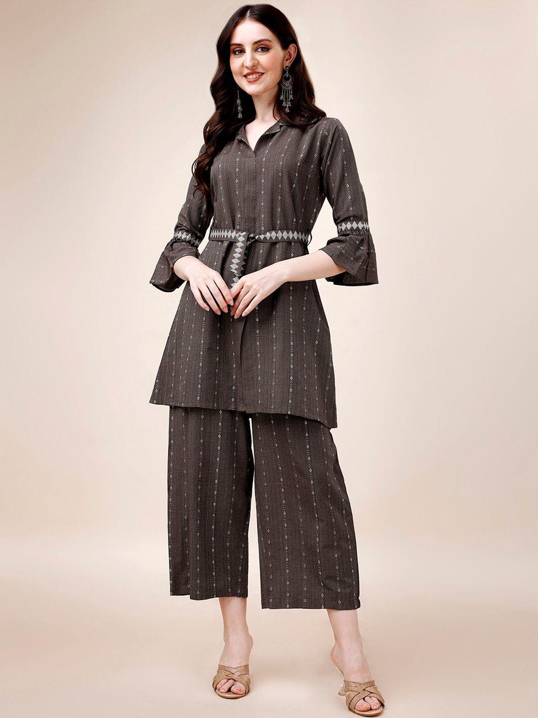 amrutam fab ethnic motifs printed belted pure cotton a line kurta with palazzos