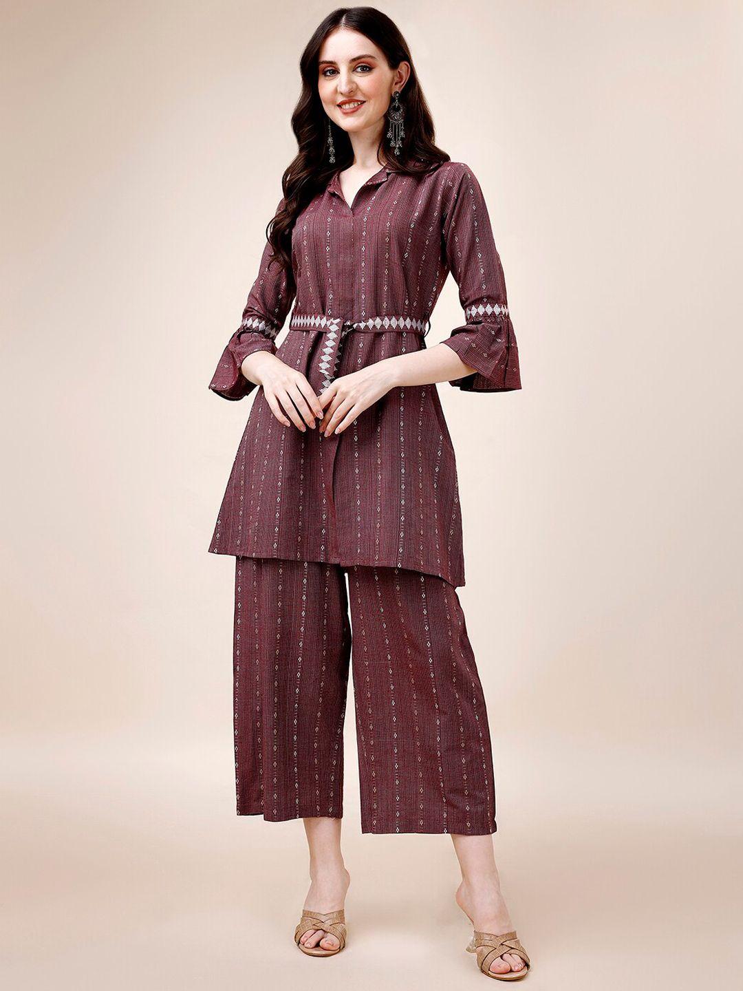 amrutam fab ethnic motifs printed belted pure cotton a line kurti with palazzos