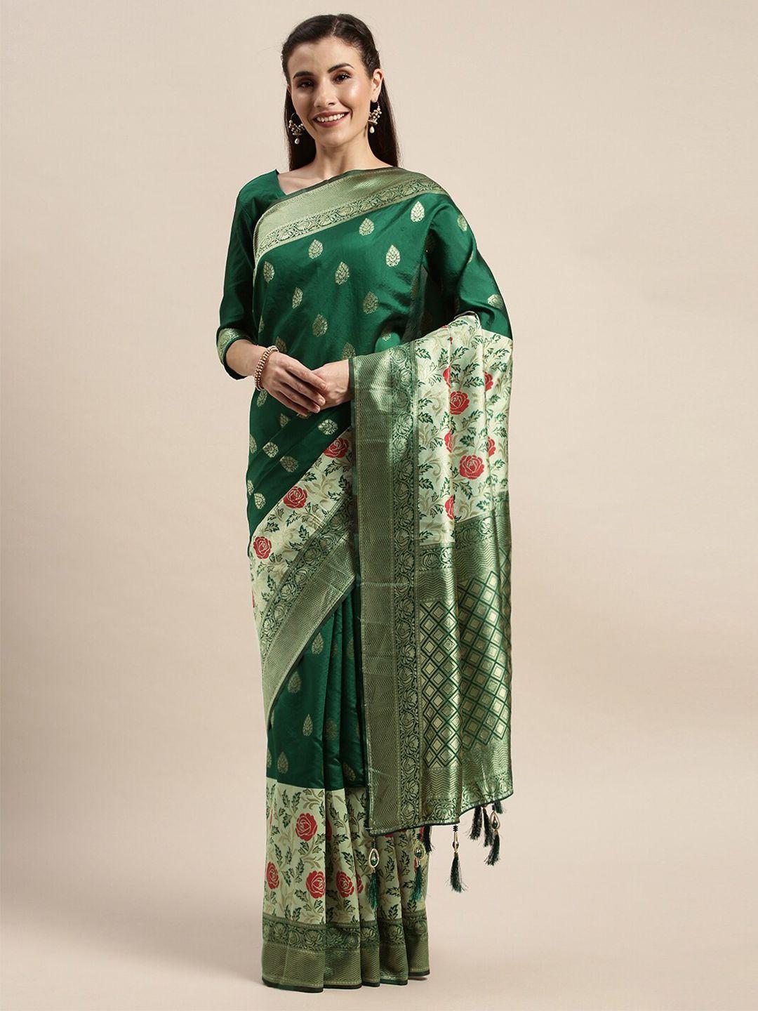 amrutam fab green & gold-toned floral zari silk blend banarasi saree