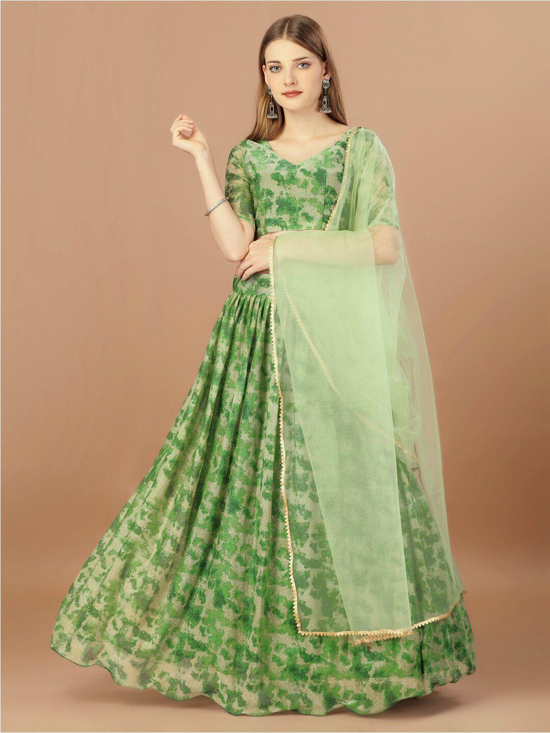 amrutam fab green & gold-toned printed semi-stitched lehenga & unstitched blouse with dupatta