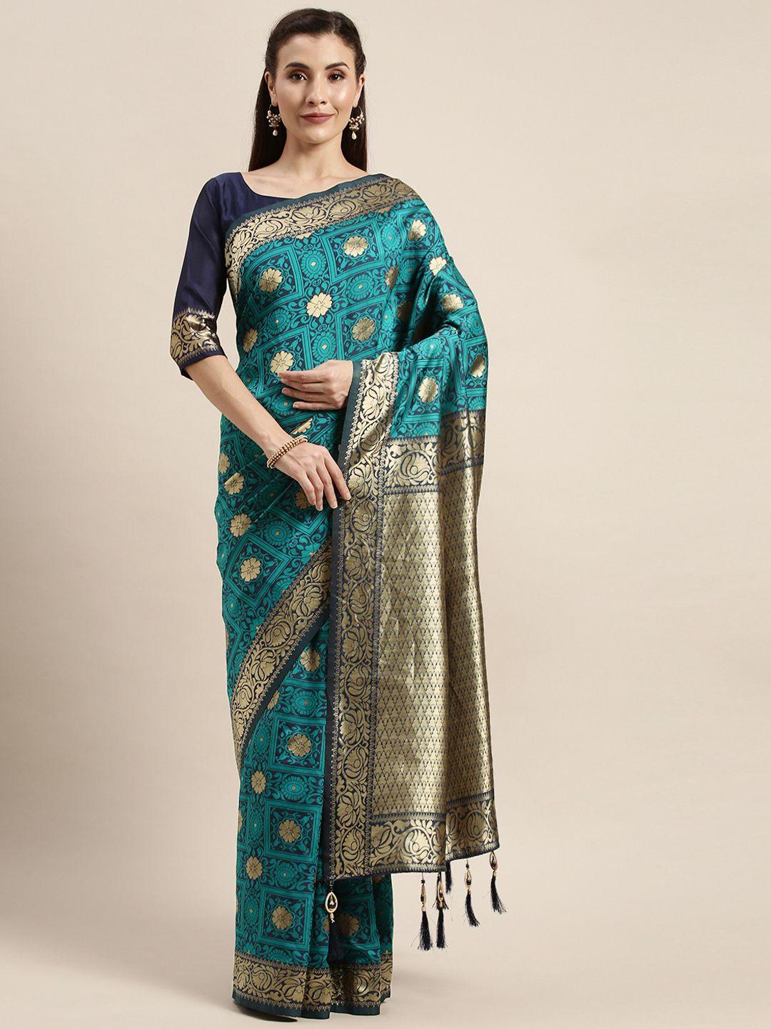 amrutam fab green & gold-toned silk blend woven design banarasi saree