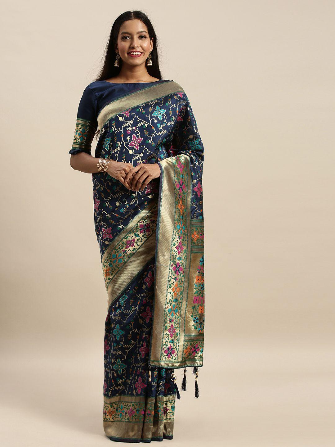 amrutam fab navy blue & gold-toned silk blend woven design banarasi saree