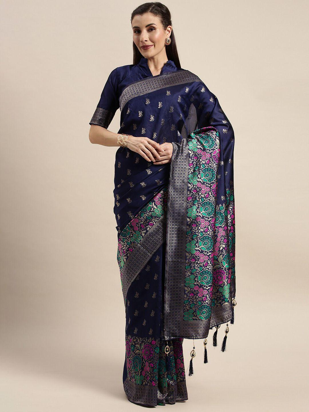 amrutam fab navy blue & pink woven design zari silk blend banarasi saree