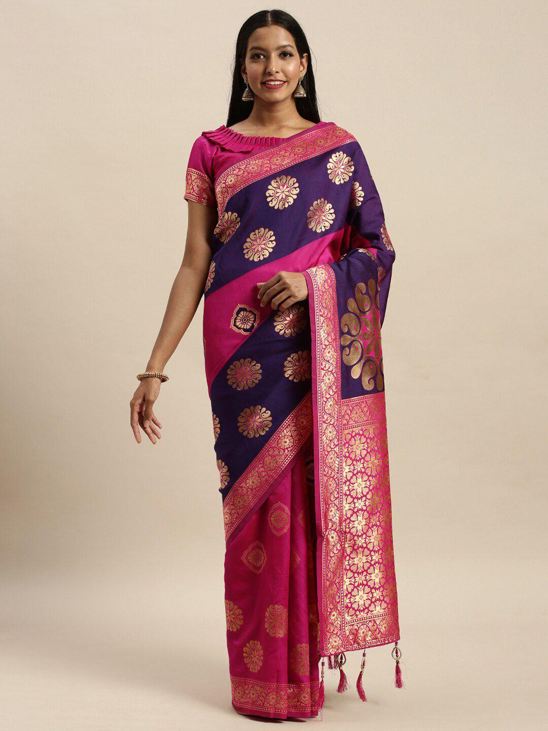 amrutam fab pink & gold-toned woven design zari silk blend banarasi saree