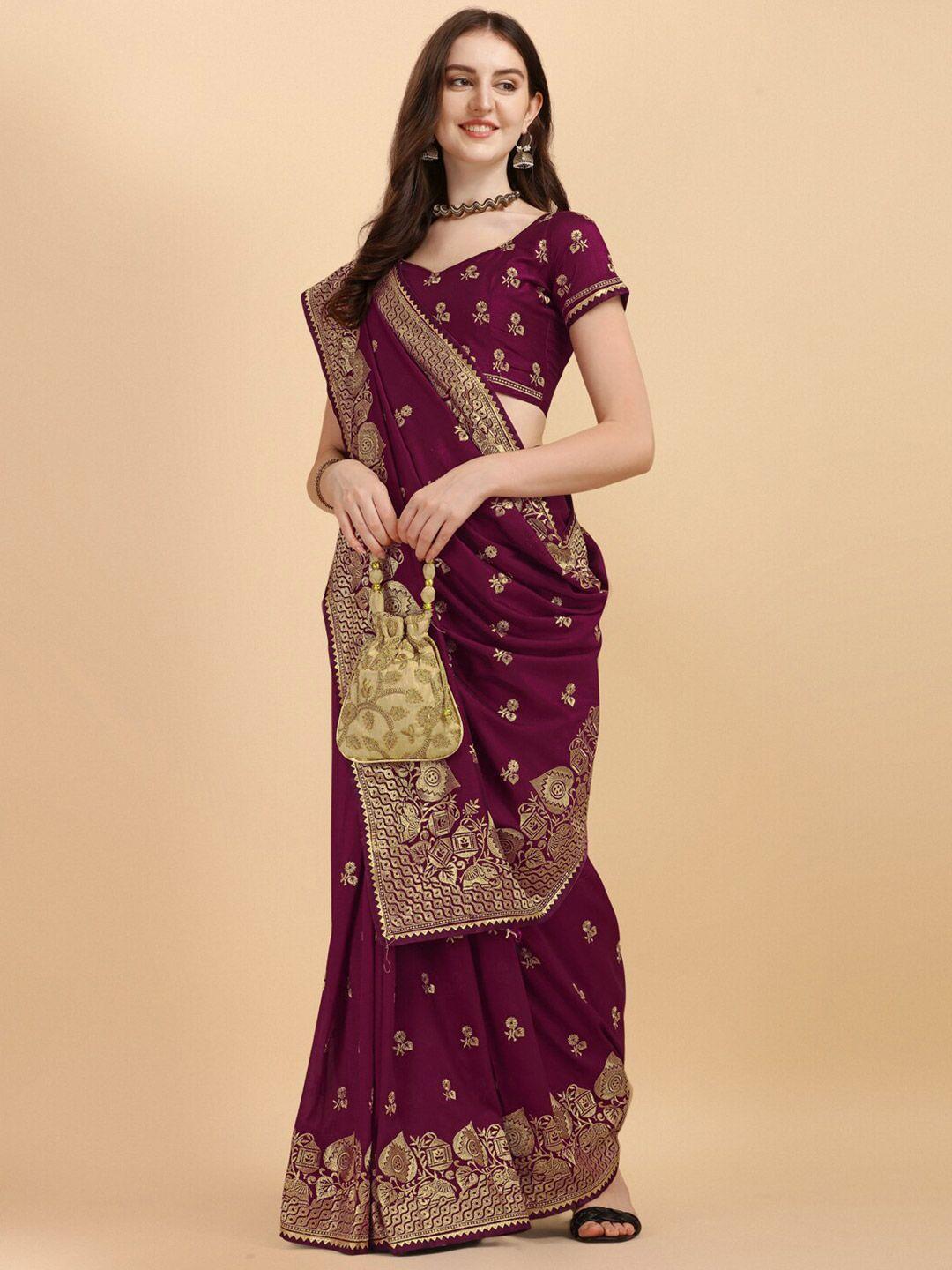 amrutam fab purple & gold-toned embroidered zari silk blend saree