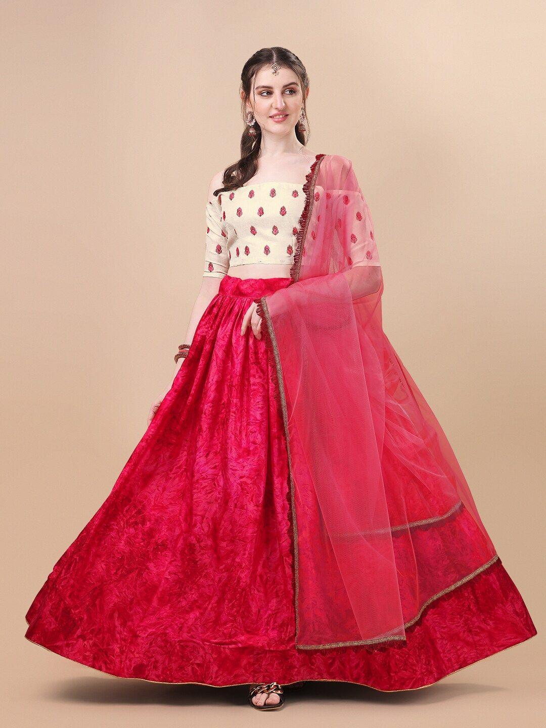 amrutam fab red & beige embroidered semi-stitched lehenga & unstitched blouse with dupatta