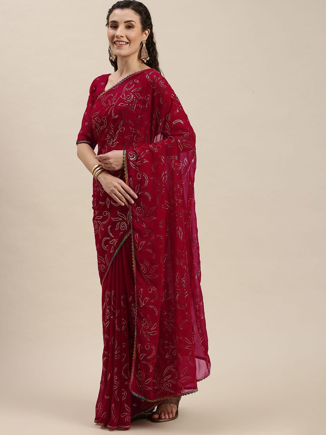 amrutam fab red & silver ethnic motifs embroidered beads and stones pure georgette saree