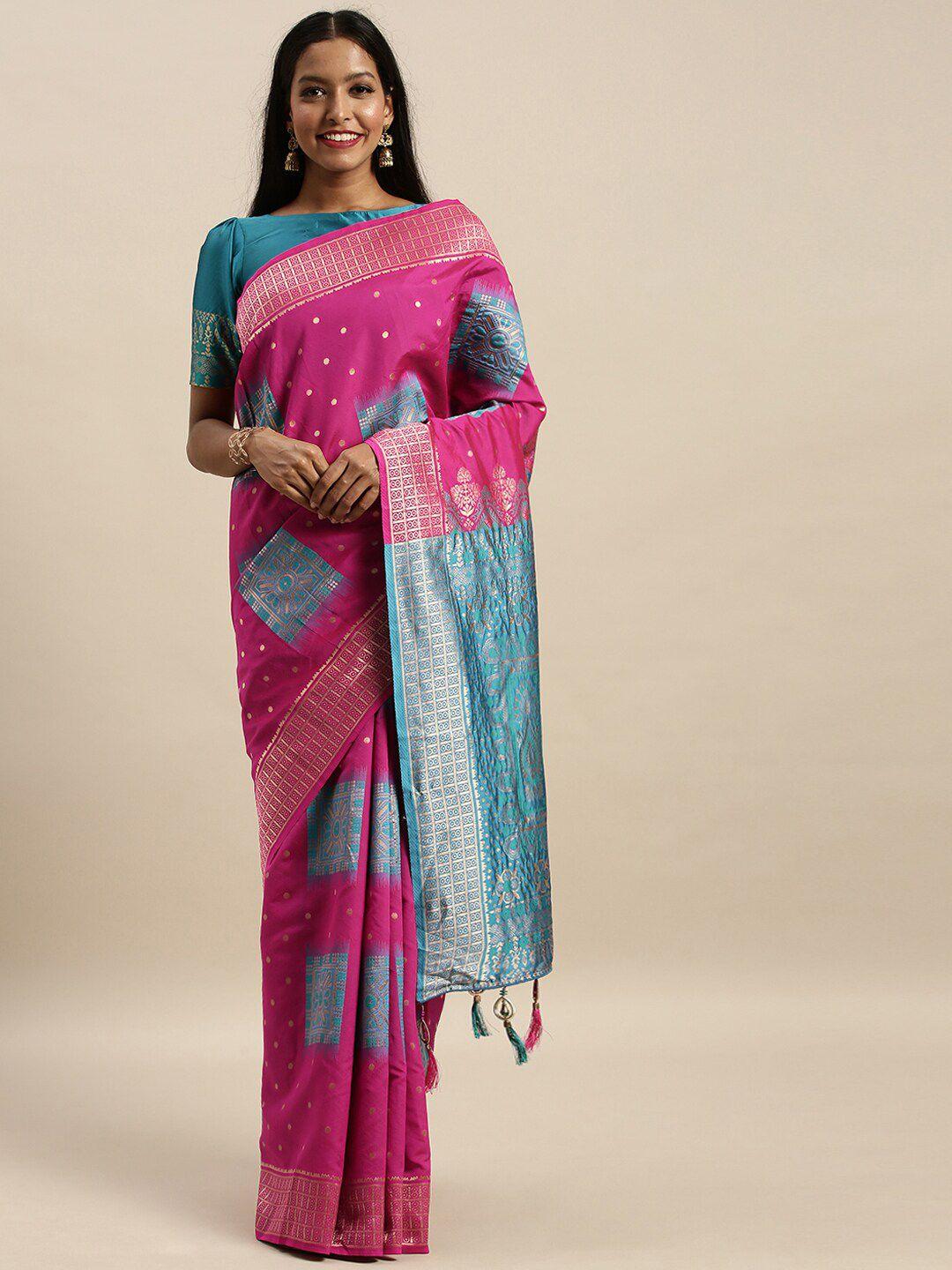 amrutam fab turquoise blue & magenta ethnic motifs silk blend banarasi saree