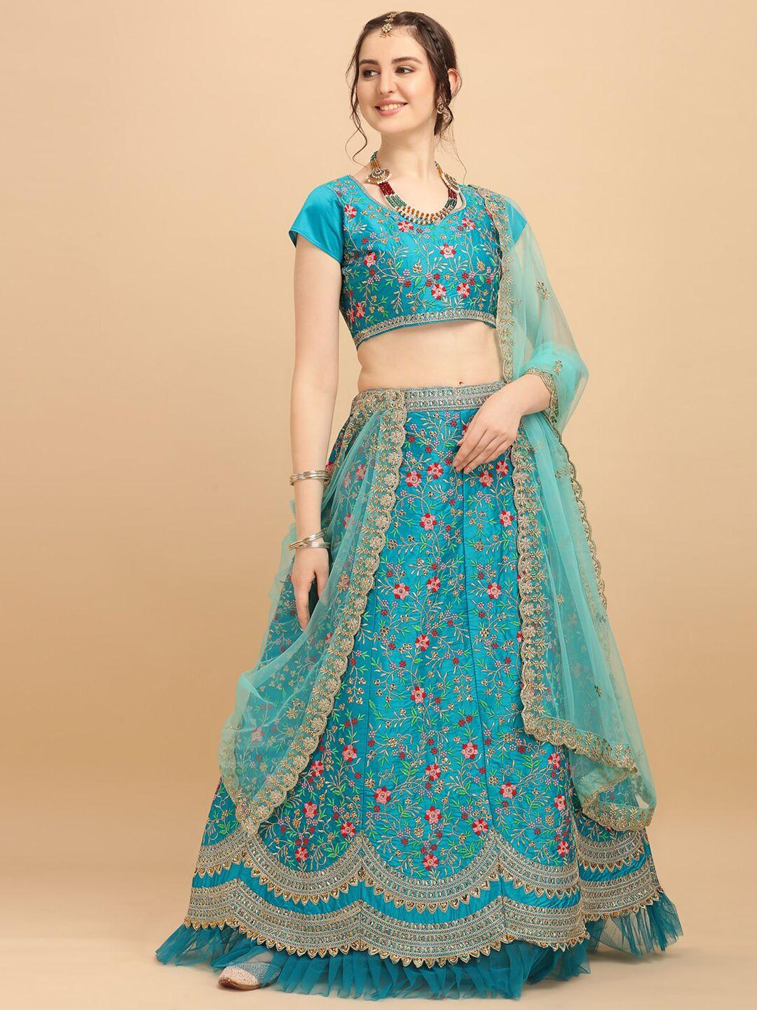 amrutam fab turquoise blue & pink embroidered thread work ready to wear lehenga & unstitched blouse with