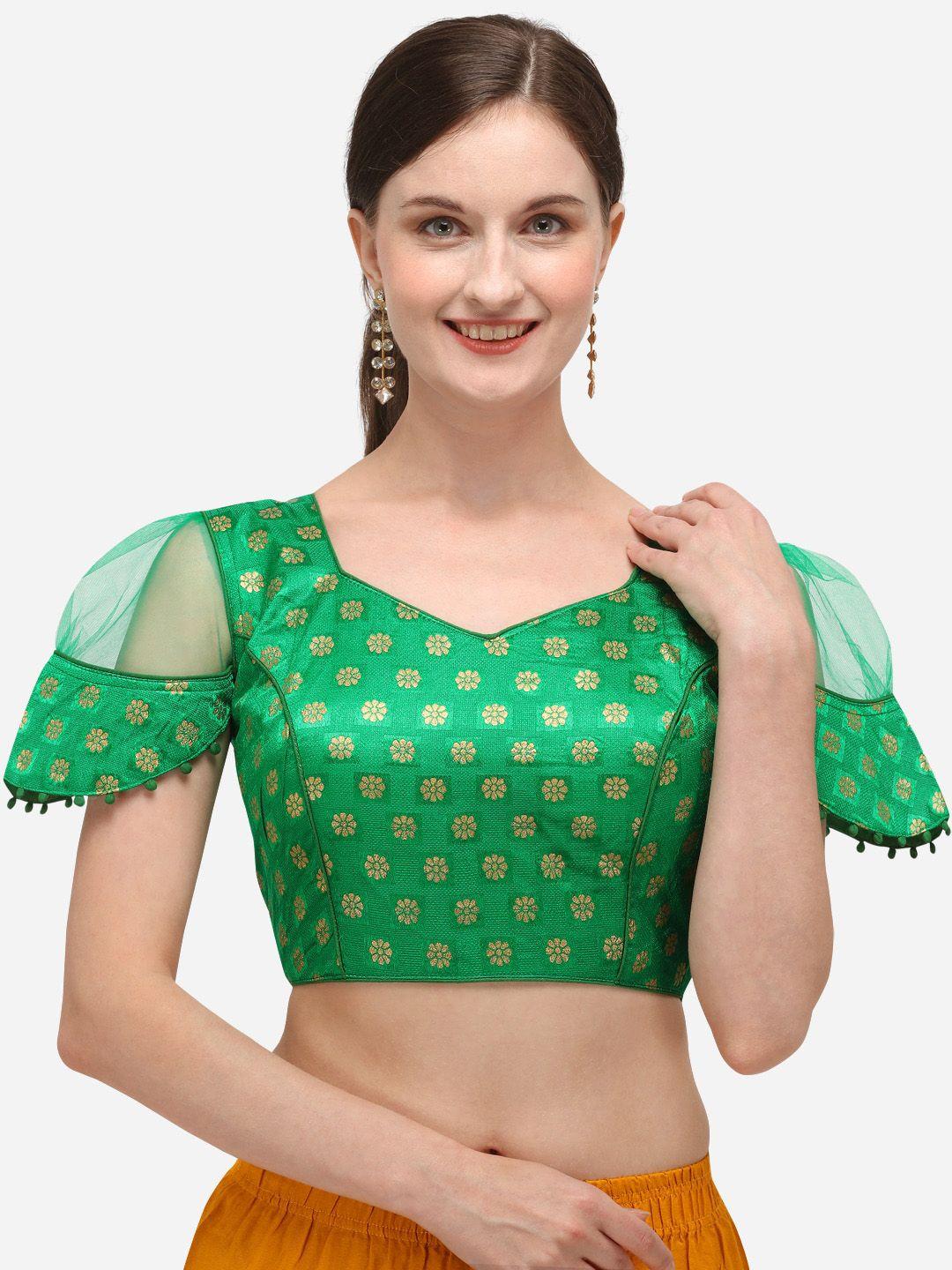 amrutam fab women green printed jacquard saree blouse